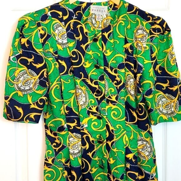 Vintage Adrianna Papell Silk Green Abstract Print Midi Dress Sz 4 - Picture 2 of 6